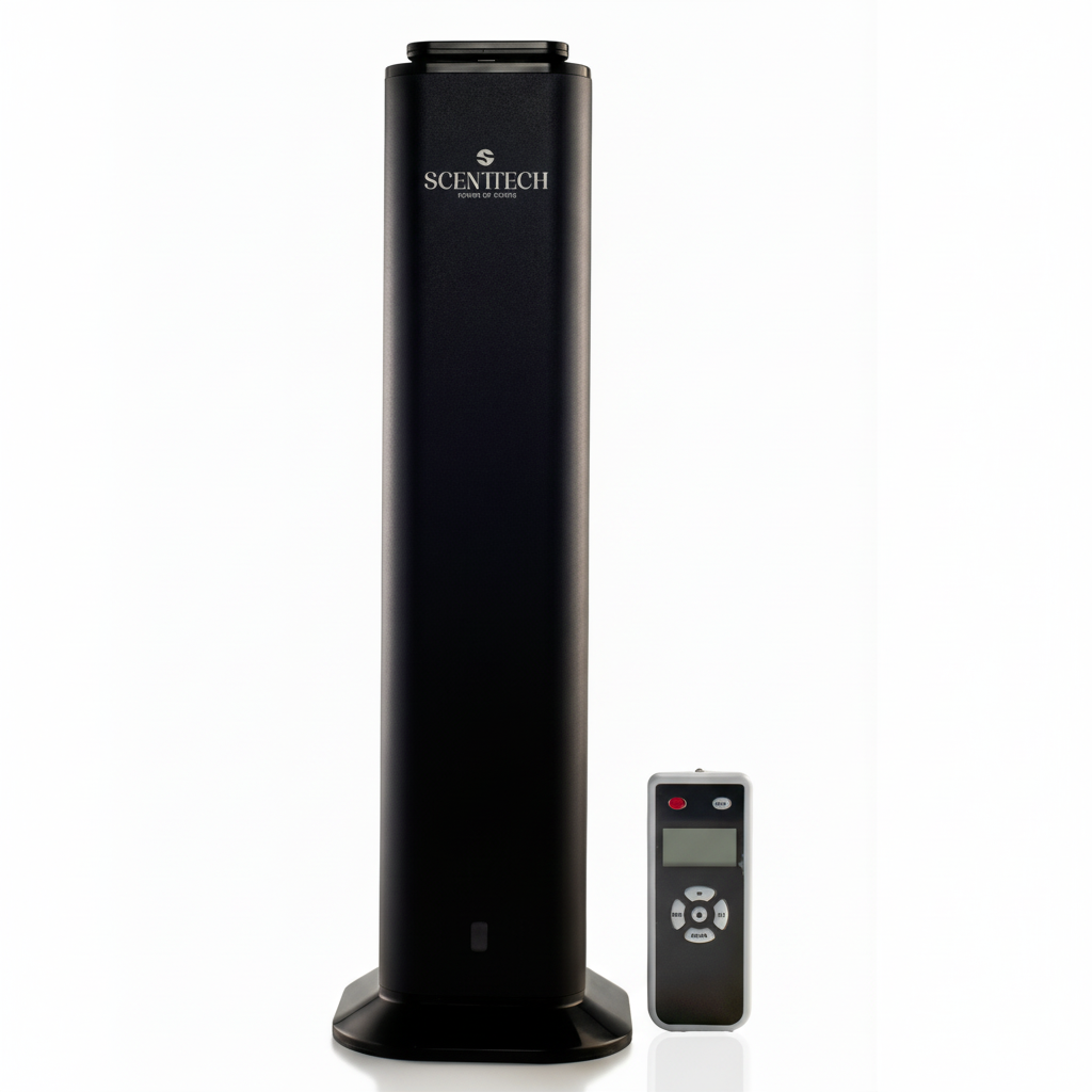 Black tower air freshener diffuser with remote control on a white background